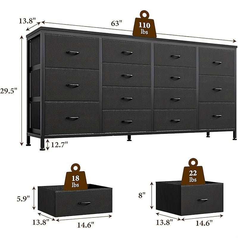 160cm Extra Long TV Cabinet & Bedroom Dresser with 14 Fabric Drawers - Heavy-Duty Hardwood TV Storage Unit, Space-Saving TV Stand with 14 Drawers, Modern Farmhouse Furniture For Living Room, Bedroom, Hallway - Easy Assembly,