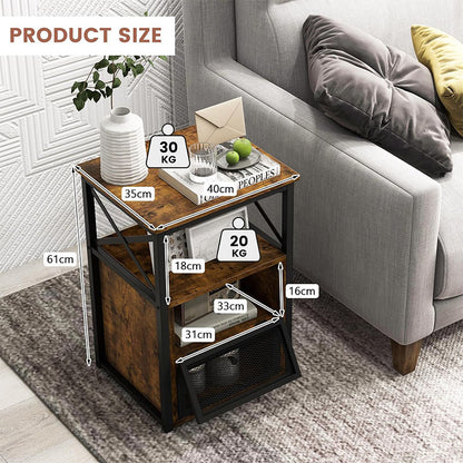 Nachtkastjes – Bijzettafel – Tafeltje – Opbergkast – Vintage Design – Set van 2 – Stevig Metalen Frame – 2 Klapladen en Vakken – Compact Formaat Rustiek Bruin