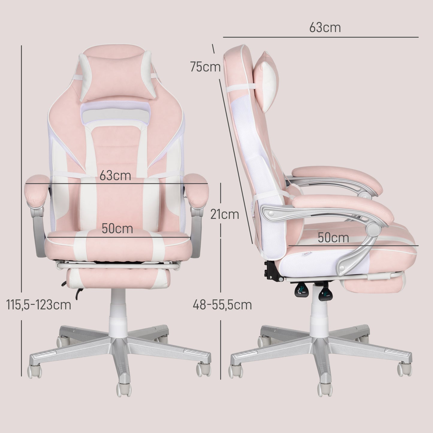 Gamingstoel – Game Stoel – Bureaustoel – Gamelounge Stoel – Draaistoel – Roze Kunstleer – Verstelbare Hoogte 48-55,5 cm – Kantelbare Rugleuning tot 150° met Voetensteun