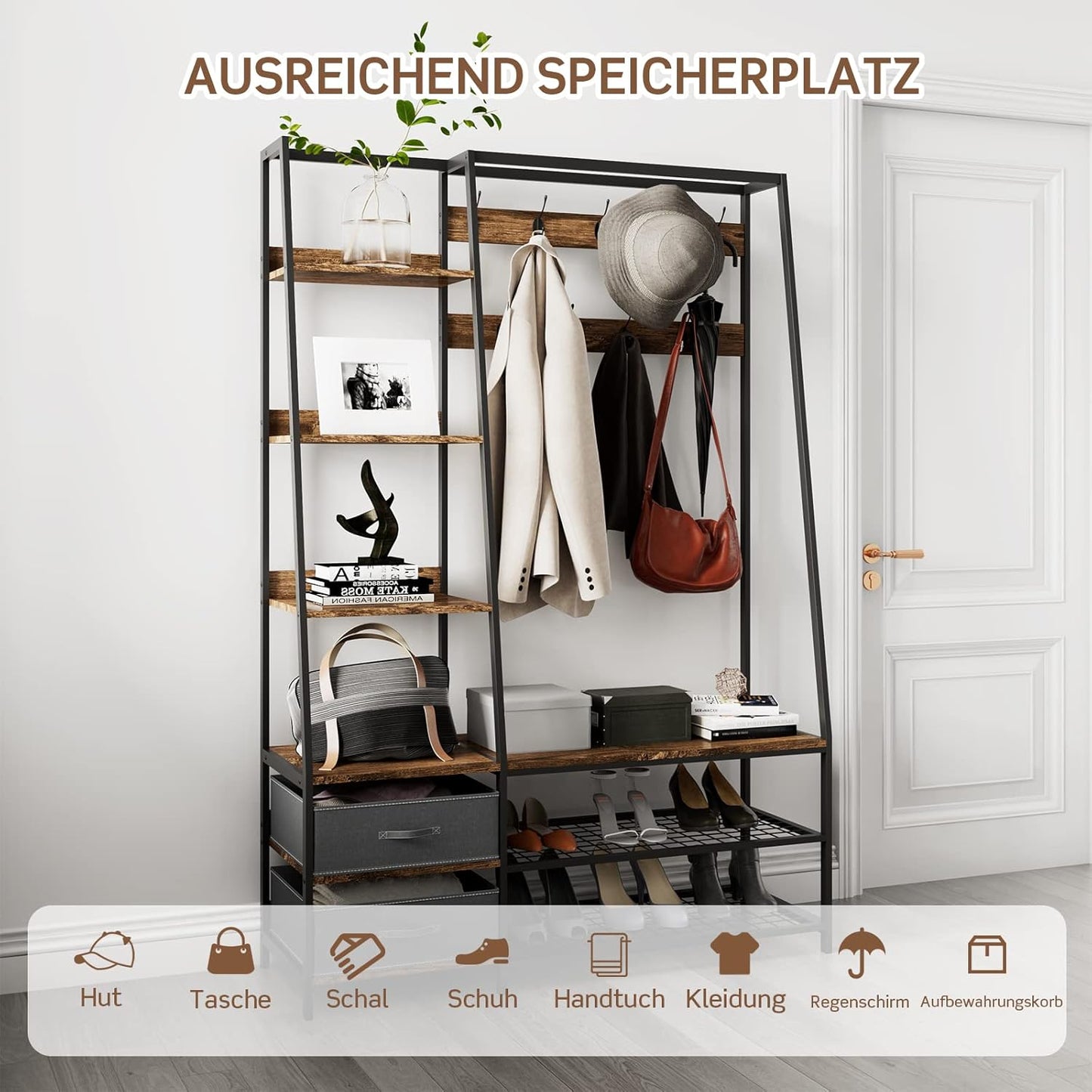 Kapstok – Garderobekast – Garderoberek – Staande Kapstok – Opbergkast – Industriële Garderobe – 9 Dubbele Haken – Zitbankje Met Opbergruimte – 122x40x180 cm – Metaal en Hout