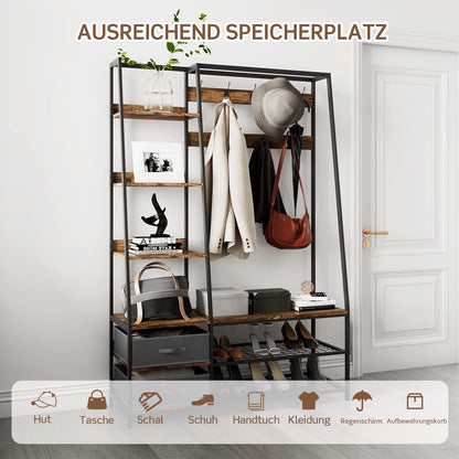 Kapstok – Garderobekast – Garderoberek – Staande Kapstok – Opbergkast – Industriële Garderobe – 9 Dubbele Haken – Zitbankje Met Opbergruimte – 122x40x180 cm – Metaal en Hout