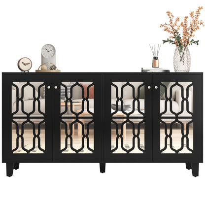 Black Mirrored Sideboard with Cool Crystal Handles, Four Doors And Removable Shelves. Suitable for Living And Dining Rooms, Dimensions: 160 X 40 X 84cm