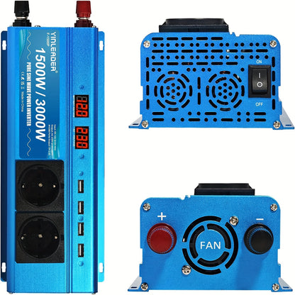 Zuivere Sinusomvormer 12V naar 230V – Power Inverter – Spanningsomvormer – Stroomomvormer – Camping Stroomvoorziening – 300W Continu, 600W Piekvermogen – 2 EU Stopcontacten & 4 USB Poorten – Actieve Koeling – Blauw