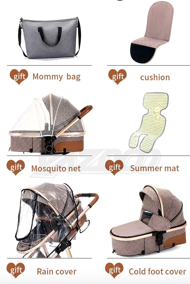 Kinderwagen 3 in 1 - Kinderwagen - Bedje - Buggy - Autostoel - Opvouwbaar - Aluminium frame - Beige/Khaki - Goud - Bruin