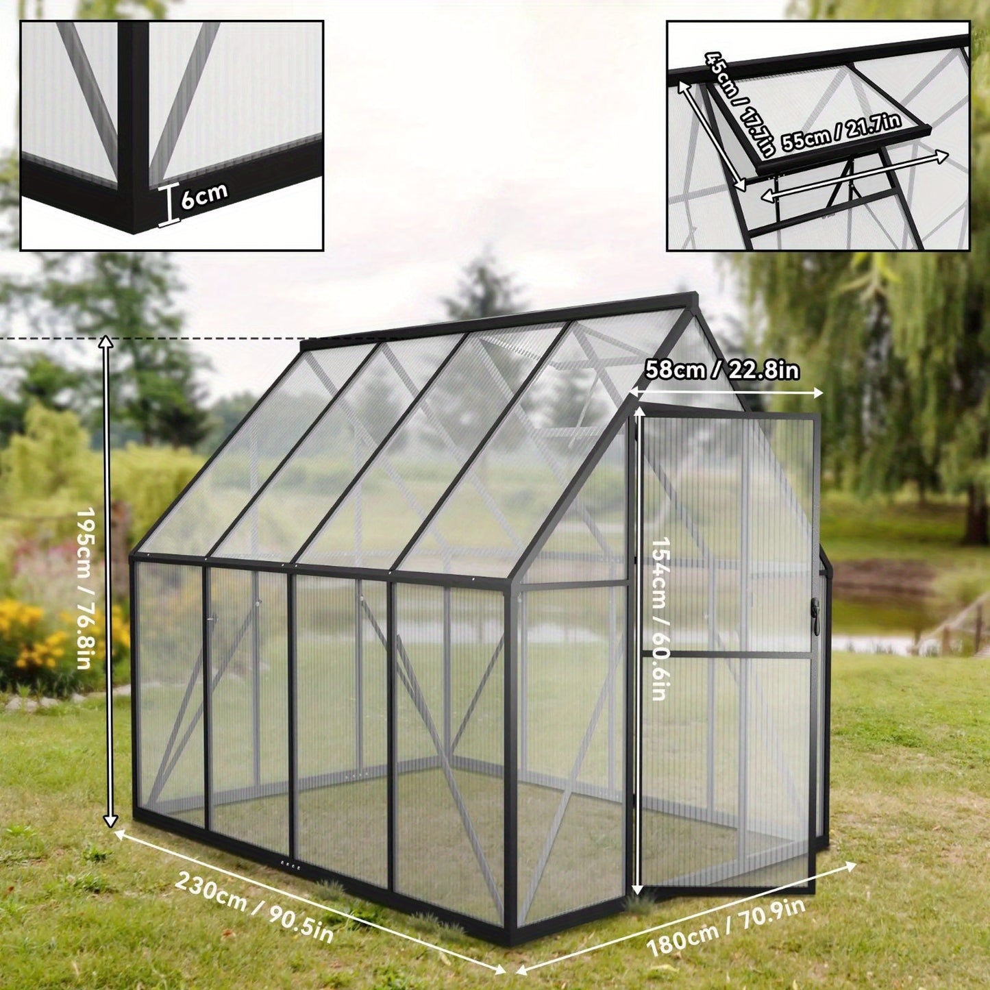 Kas – Serre – Tuinkas – Groentekas – Plantenkas – Aluminium Frame – 6,12 m² met 4 mm Polycarbonaat Panels – UV Bestendig – 340x180x195 cm