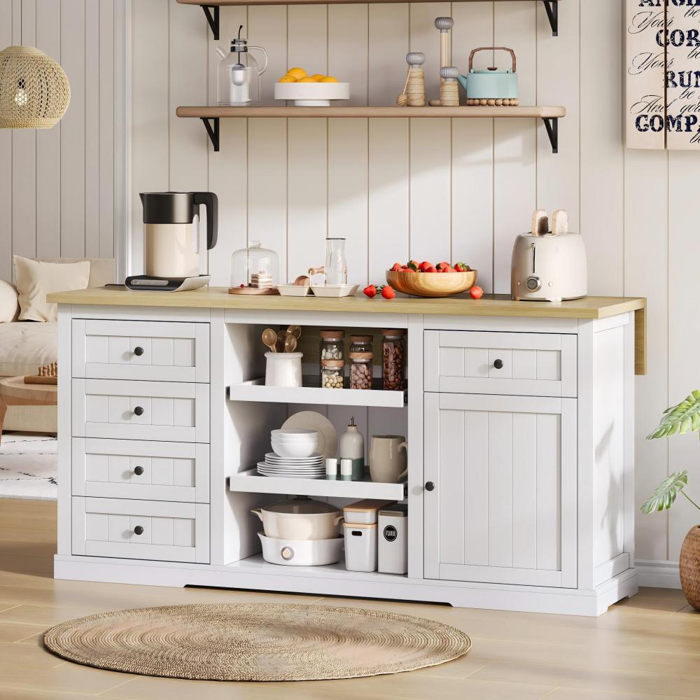Sideboard, Kitchen Island, Wine Cabinet with 5 Drawers, 2 Pull-Out Shelves, Foldable Extension, Suitable for Kitchen, Dining Room, and Living Room, White, 150×65×75cm,  Spacesaving Furniture, Modern Sideboard, Minimalist Fu