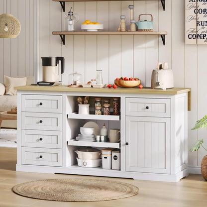 Sideboard, Kitchen Island, Wine Cabinet with 5 Drawers, 2 Pull-Out Shelves, Foldable Extension, Suitable for Kitchen, Dining Room, and Living Room, White, 150×65×75cm,  Spacesaving Furniture, Modern Sideboard, Minimalist Fu