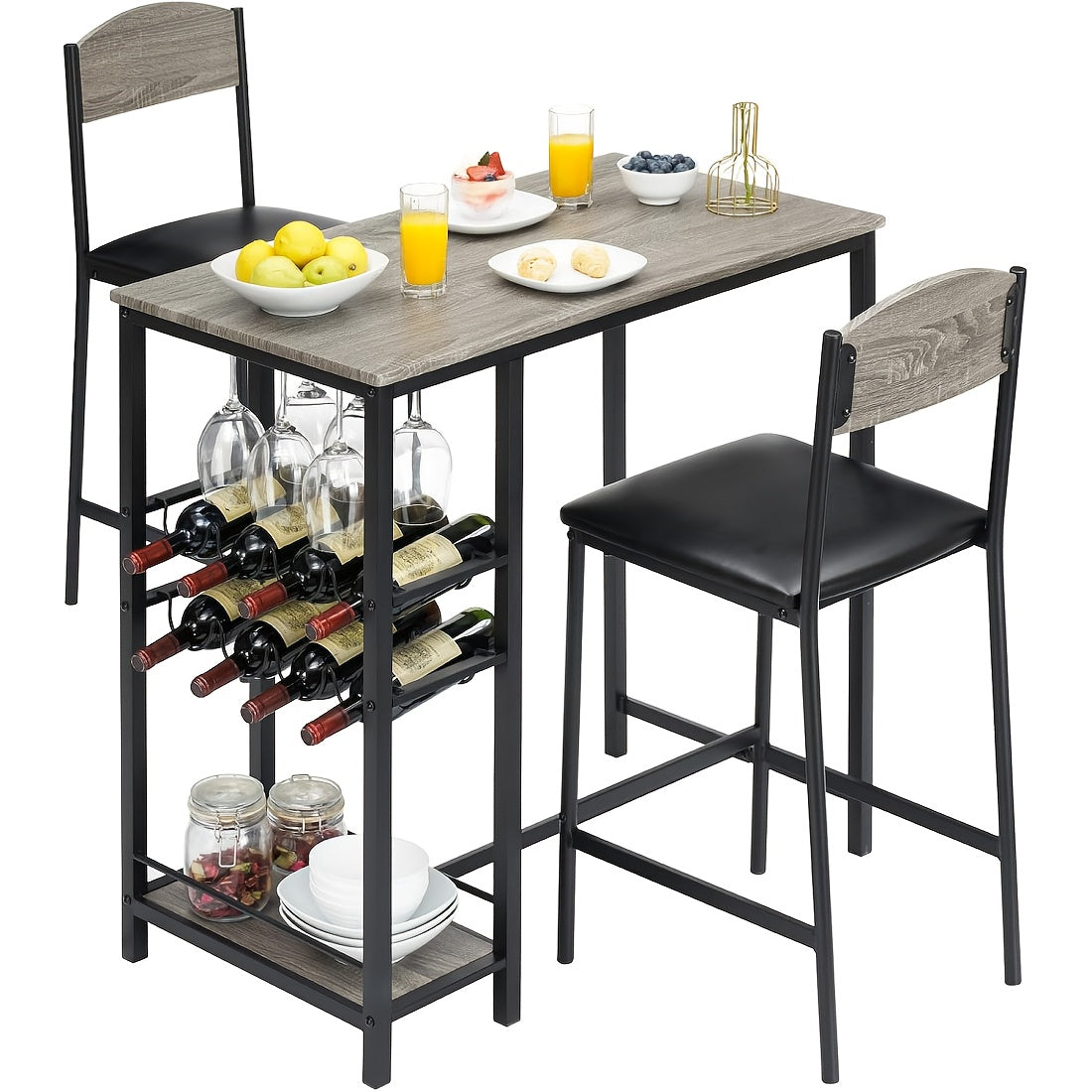 3pcs Bar Table Set for 2 with Footrest Chairs, Kitchen Table with 2 Upholstered Chairs, Dining Table Set with Wine Rack and Storage Shelf, Cup Holder for Kitchen and Dining Room, Small Space, Apartment, Dining Table Set for 2