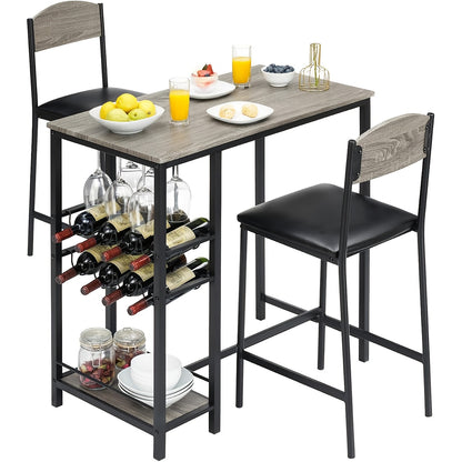 3pcs Bar Table Set for 2 with Footrest Chairs, Kitchen Table with 2 Upholstered Chairs, Dining Table Set with Wine Rack and Storage Shelf, Cup Holder for Kitchen and Dining Room, Small Space, Apartment, Dining Table Set for 2