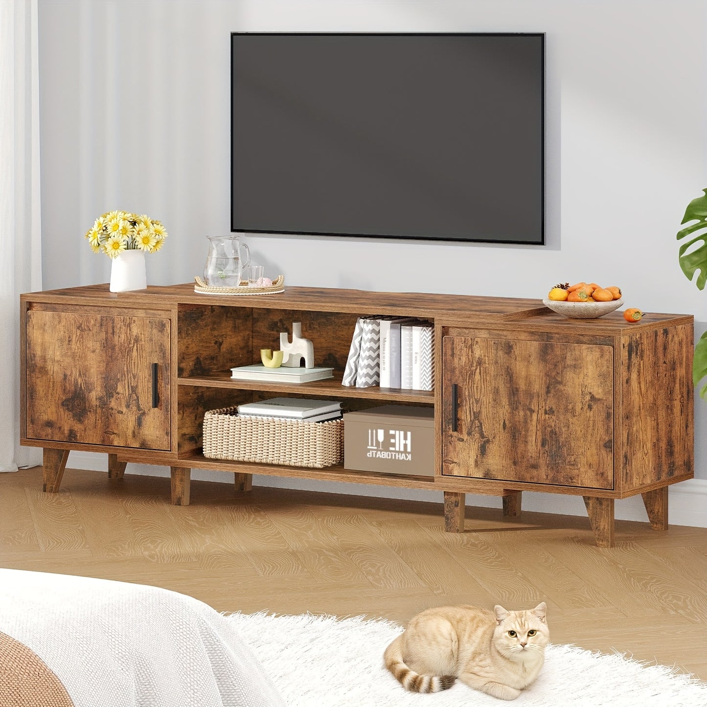 Tv Meubel – Tv Kast – Tv Stand – Mediameubel – Entertainment Center – Bruin – Voor Tv’s Tot 60 Inch – Met 2 Kasten En 2 Open Vakken – Afmetingen 40x140x51,5 cm