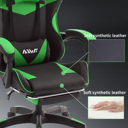 Gamingstoel – Gamestoel – Gaming Chair – Game Stoel – Ergonomische Bureaustoel – Inklapbare Voetensteun – Verstelbare Rugleuning – Duurzaam Roestvrij Stalen Frame – Fris Groene Kleur