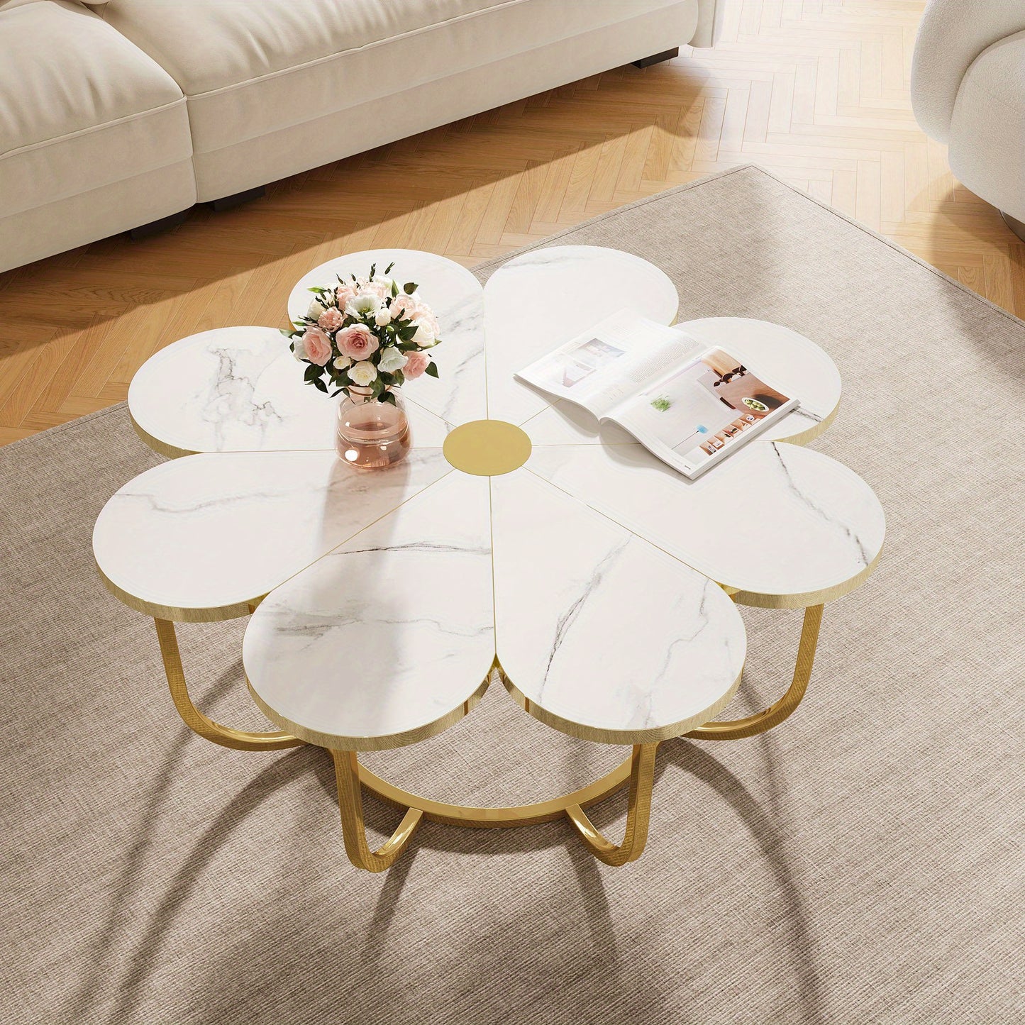 Salontafel – Koffietafel – Lounge Tafeltje – Bijzettafel – Woonkamertafel – Wit Goud – Extra Groot Tafelblad – Ruimtebesparend Metalen Frame
