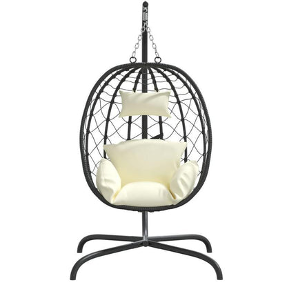 Hangstoel – Schommelstoel – Hangstoel Met Frame – Hangmand – Lounge Stoel – Crème Wit Polyrattan – Staal Frame – Inclusief Comfortkussen