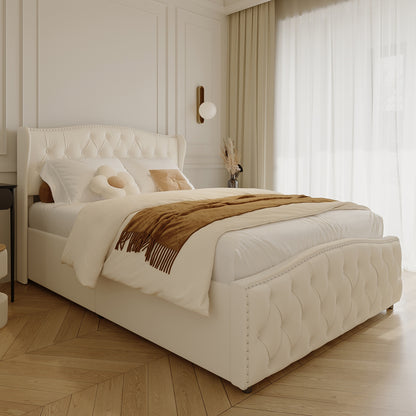 Gestoffeerd Bedframe – Platformbed – Opbergbed – Verhoogd Bed – Fluwelen Bed – 140 x 200 cm Queen Size – Lift-up Opbergruimte – Stevig Metalen Frame