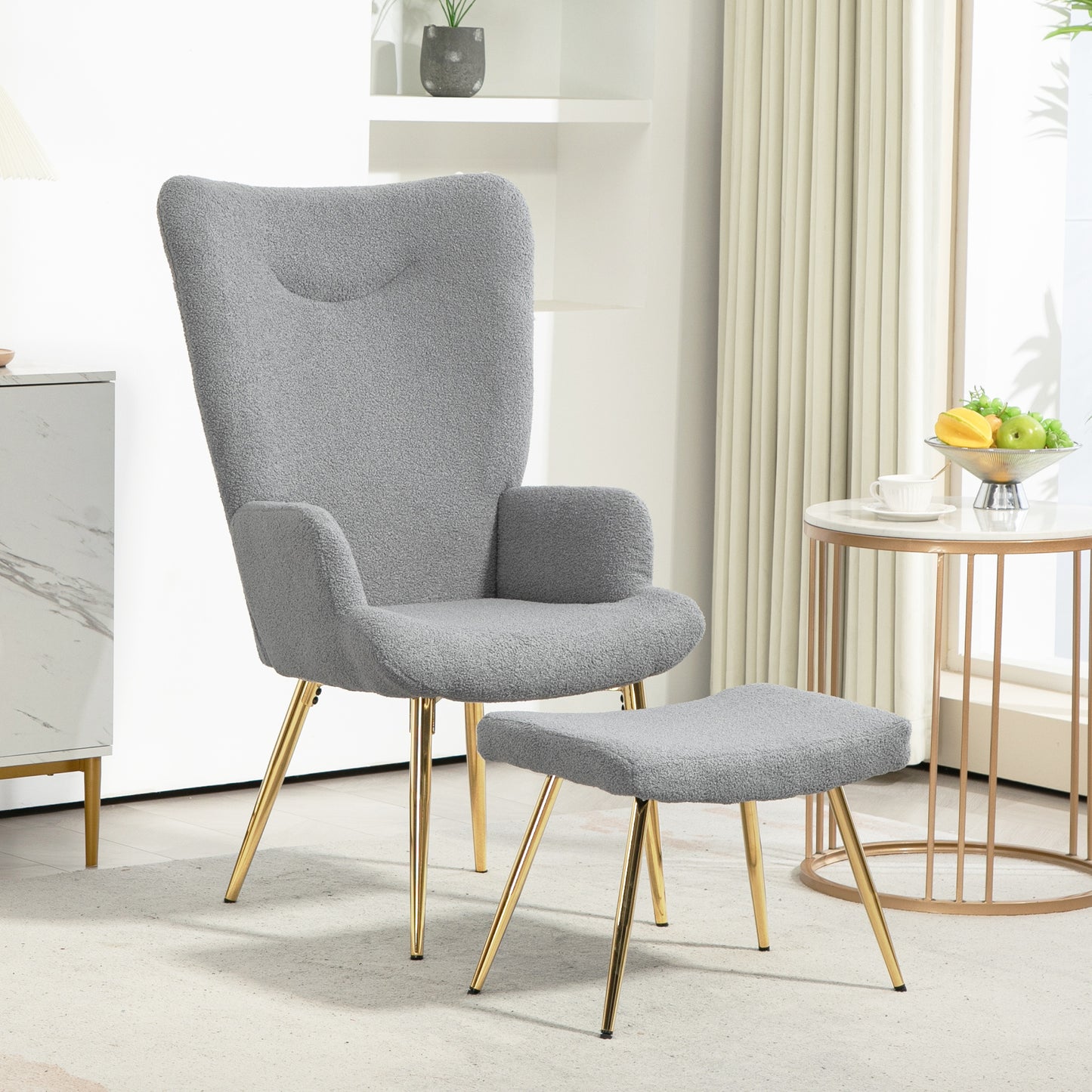 Fauteuil – Lounge Chair – Leunstoel – Relaxstoel – Zitstoel – Met Voetenbank – Ergonomische Hoog Rugleuning – Goudkleurige Metalen Pootjes – Grijs Stof – Modern Design