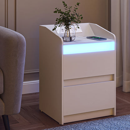 Nachtkastje – Bijzettafel – Bedkastje – Opbergkastje – Wit – Set Van 2 – LED-verlichting Met 20 Kleuren – Oplaadstation Met USB Poorten & Stopcontacten