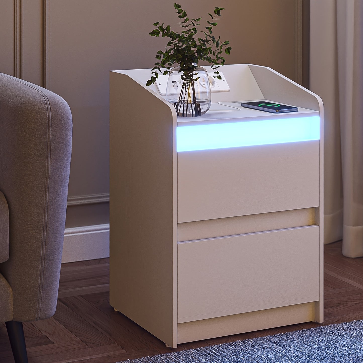 Nachtkastje – Bijzettafel – Opbergkastje – Nachtkast – Nachtkastjes – Set Van 2 Met LED-verlichting – Oplaadstation Met USB En Stopcontact – Zwart – 35x40x58 cm – Spaanplaat