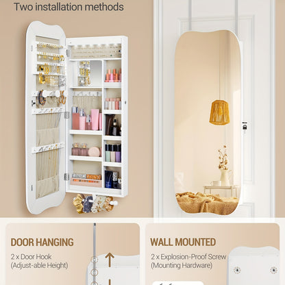 Jewelry Cabinet, Mirror Cabinet, Wall Cabinet With LED Lighting, Wall Cabinet With Mirror, Lockable, With Interior Mirror, Surface In White, Interior Lining In Greige, Jewelry Armoires