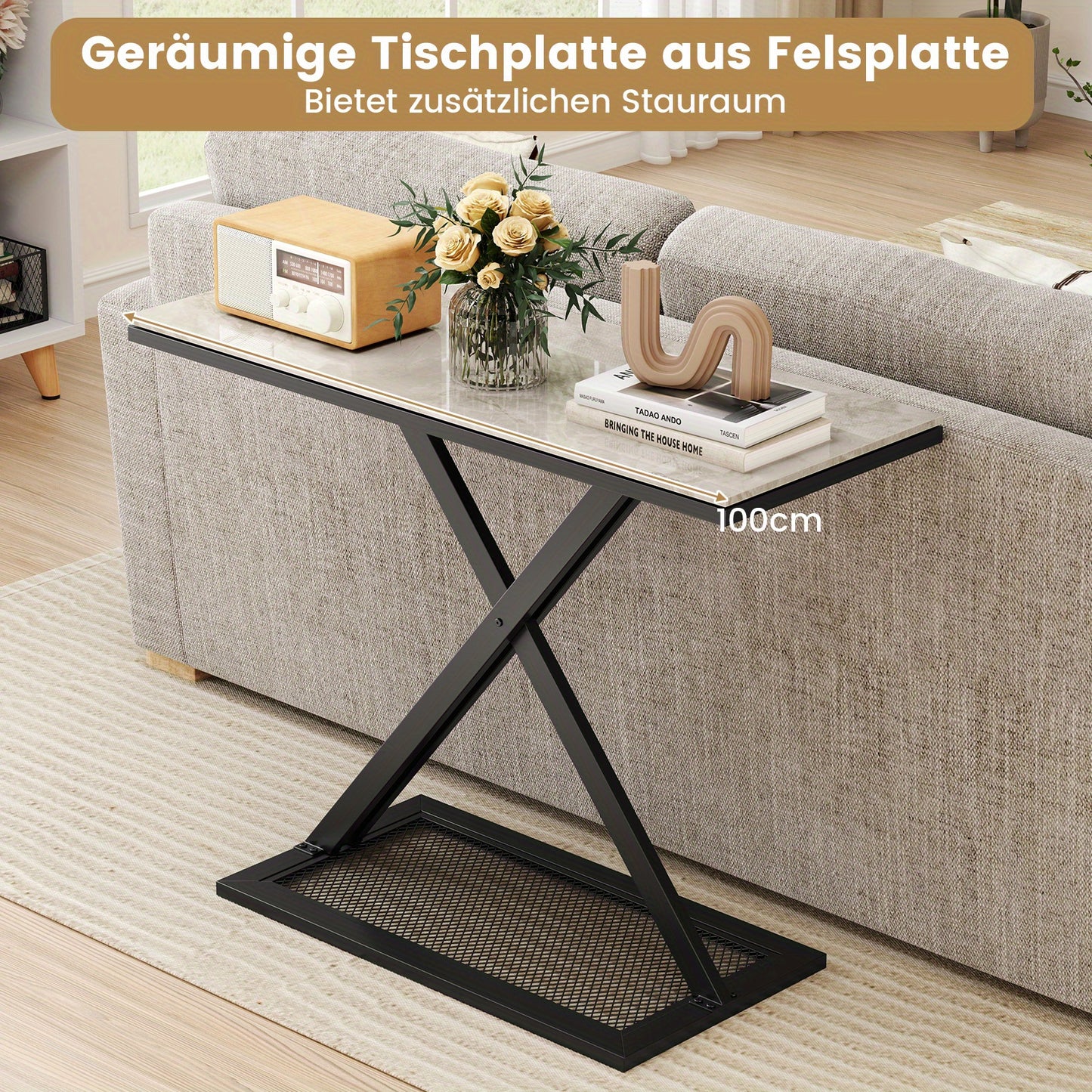 Sidetable – Consoletafel – Haltafel – Wandtafel – Bijzettafel – Kunstmarmeren Blad – Metalen Frame – Verstelbare Voetpaden – Anti-Kantelbeveiliging