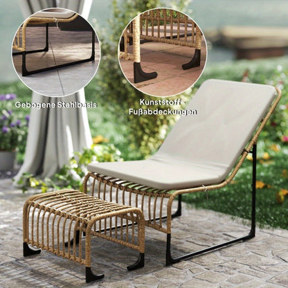 Tuinstoel – Rattan Stoel – Relaxstoel – Balkonstoel – Tuinfauteuil – UV-bestendig – Inclusief Verstelbaar Kussen en Voetenbank