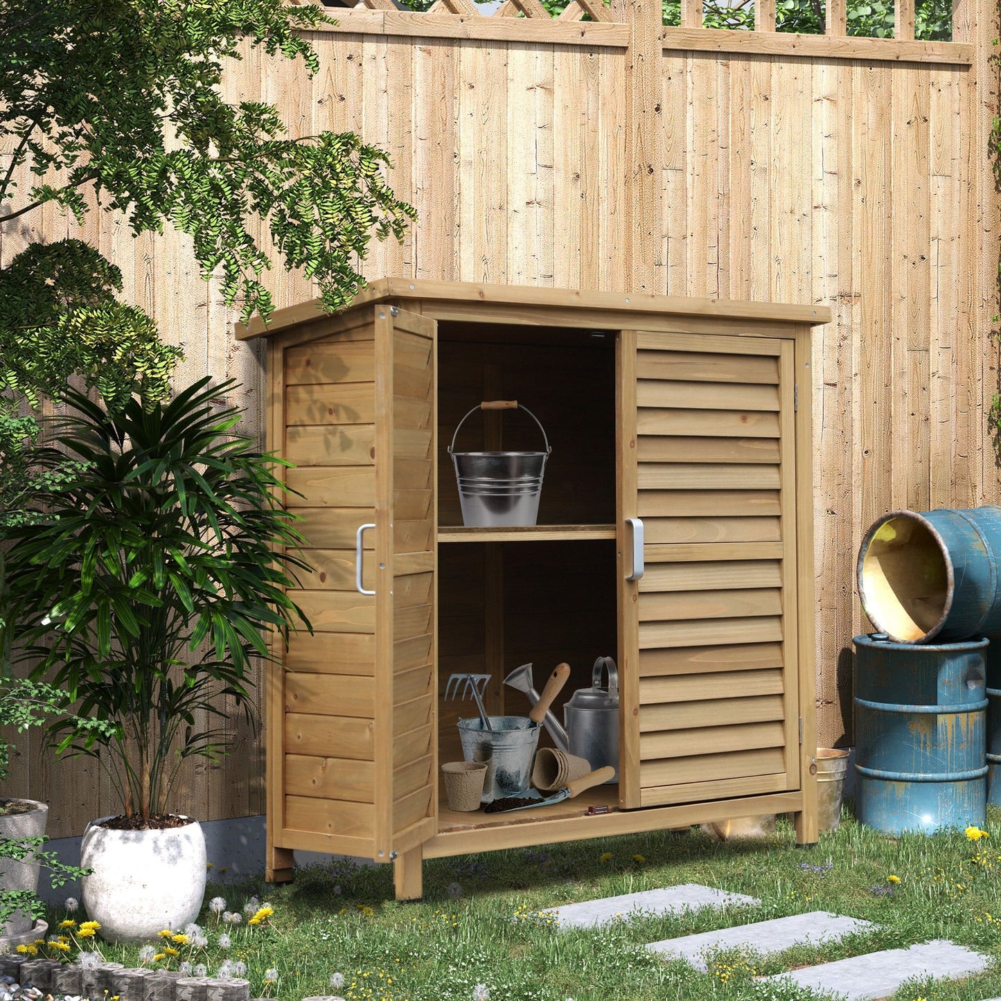Tuinkast – Tuinberging – Gereedschapskast – Tuinkastje – Buitenberging – Geïmpregneerd vurenhout – Weerbestendig bitumen dak – 87x46x96 cm – Dubbele opbergruimte met plank