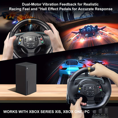 Racestuur – Racewheel – Gaming Stuur – Racestuur Set – Stuur Met Versnellingspook – Metalen Hall-Effect Pedalen – Dual Vibratiefeedback – Zwart