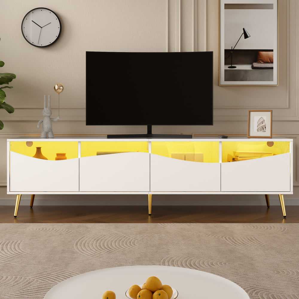 Tv-Meubel – Tv-Kast – Tv-Dressoir – Media-Meubel – Televisiekast – Mat Wit – Gouden Metalen Onderstel – Glazen Deuren – 180x40x50 CM – Kabelmanagement – Stevig & Ruim