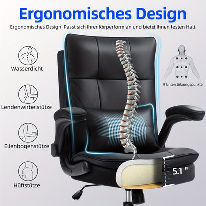 Bureaustoel – Ergonomische Stoel – Office Chair – Gamingstoel – Computerstoel – Dubbel Gevuld Rugkussen – Verstelbare Opklapbare Armleuningen – Draaifunctie & Kantelfunctie – Max 150 kg – Zwart
