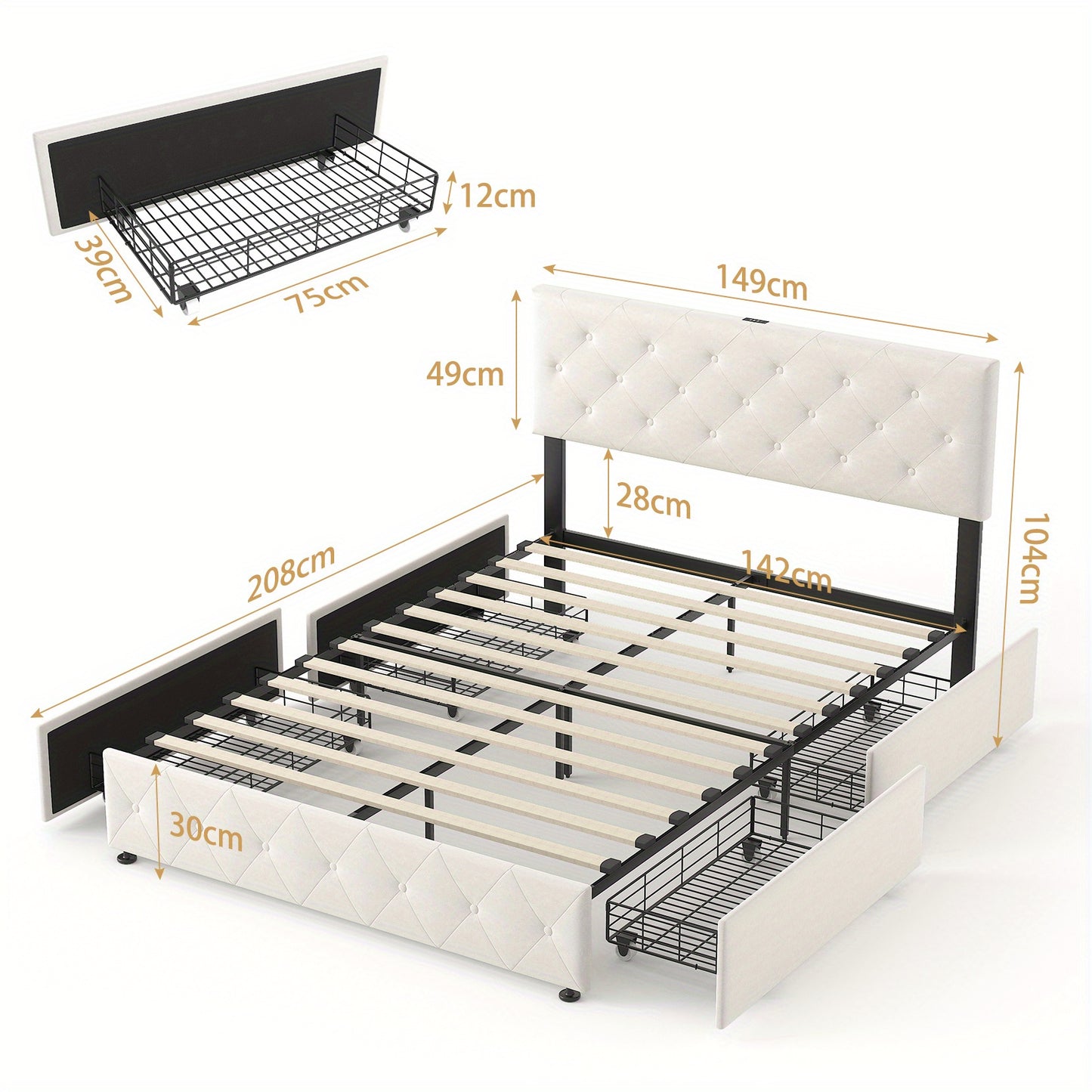 Bedkast – Bedframe – Nachtkastje – Opbergkast – Slaapkamerkast – 140x200 cm – Fluwelen Getuft Hoofdbord – 4 Opberglades