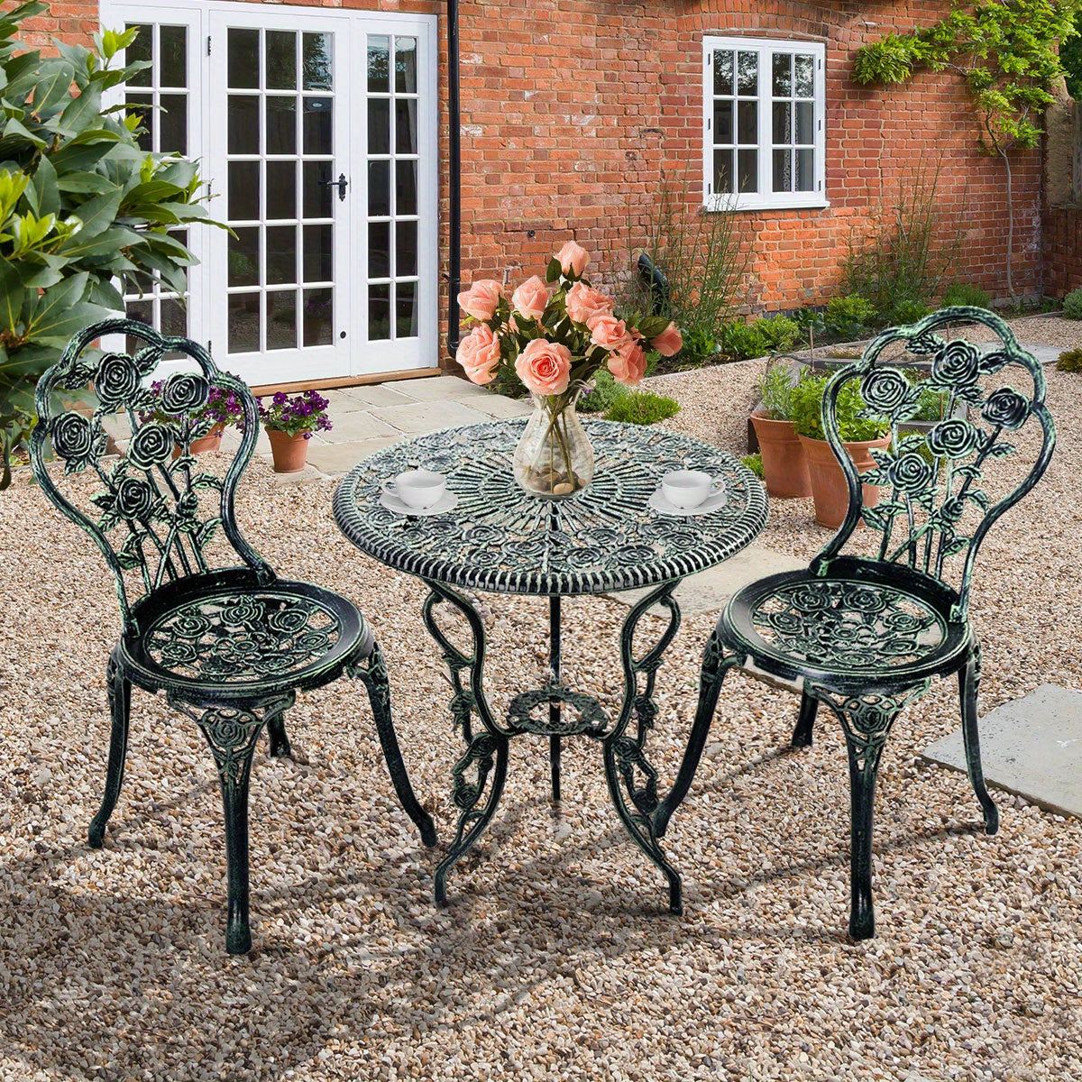 Bistroset – Tuinset – Balkonset – Tuintafel – Tuinstoelen – Gietaluminium – Weerbestendig met Paraplu-gat 4,83 cm – Antiek Groen