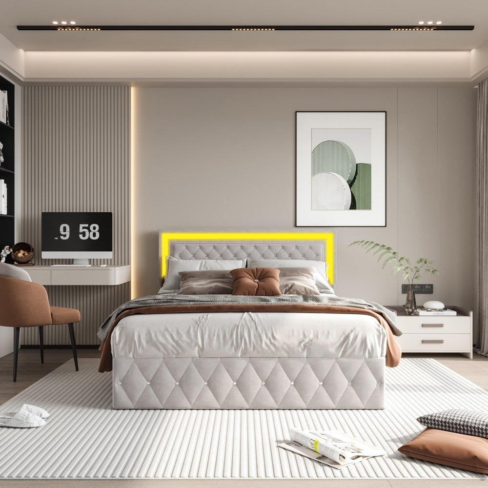 Bed 140x200 cm – Tweepersoonsbed – Opbergbed – Gestoffeerd Bed – Led Bed – Hydraulisch Liftsysteem – Luxe Beige Velvet – Verstelbare LED-lichtstrip