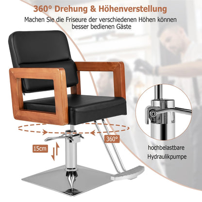 Kappersstoel – Barbershop Stoel – Salonstoel – Kapperskruk – Barberkruk – 360° Draaibaar – Verstelbare Zithoogte 50-65 cm – Belastbaar Tot 150 kg – Hydraulische Pomp – Houten Armleuningen