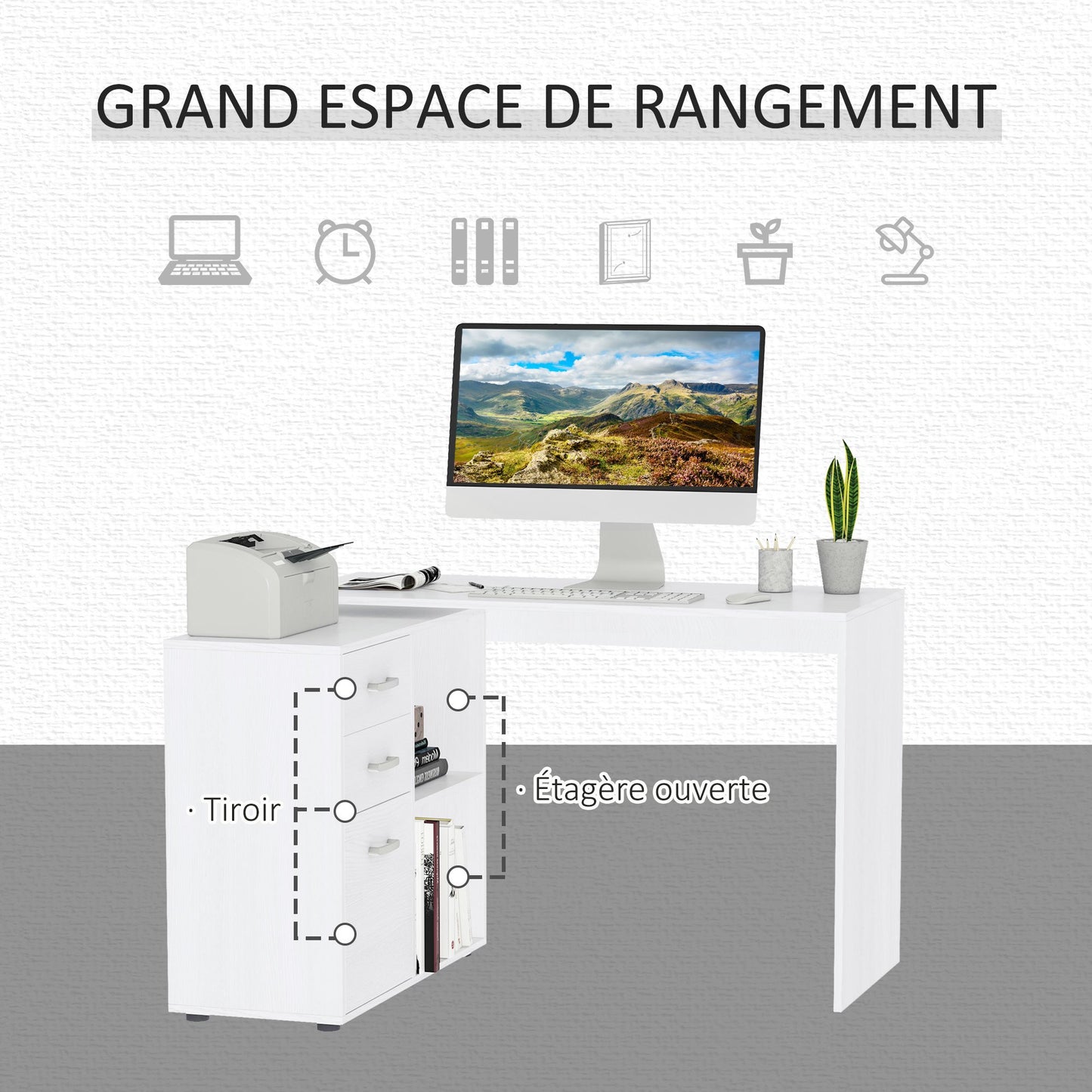 Hoekbureau – Computerbureau – Bureautafel – Modulair Bureau – Eettafel – MDF Wit – 2 Configuraties – 3 Lades & 2 Open Vakken