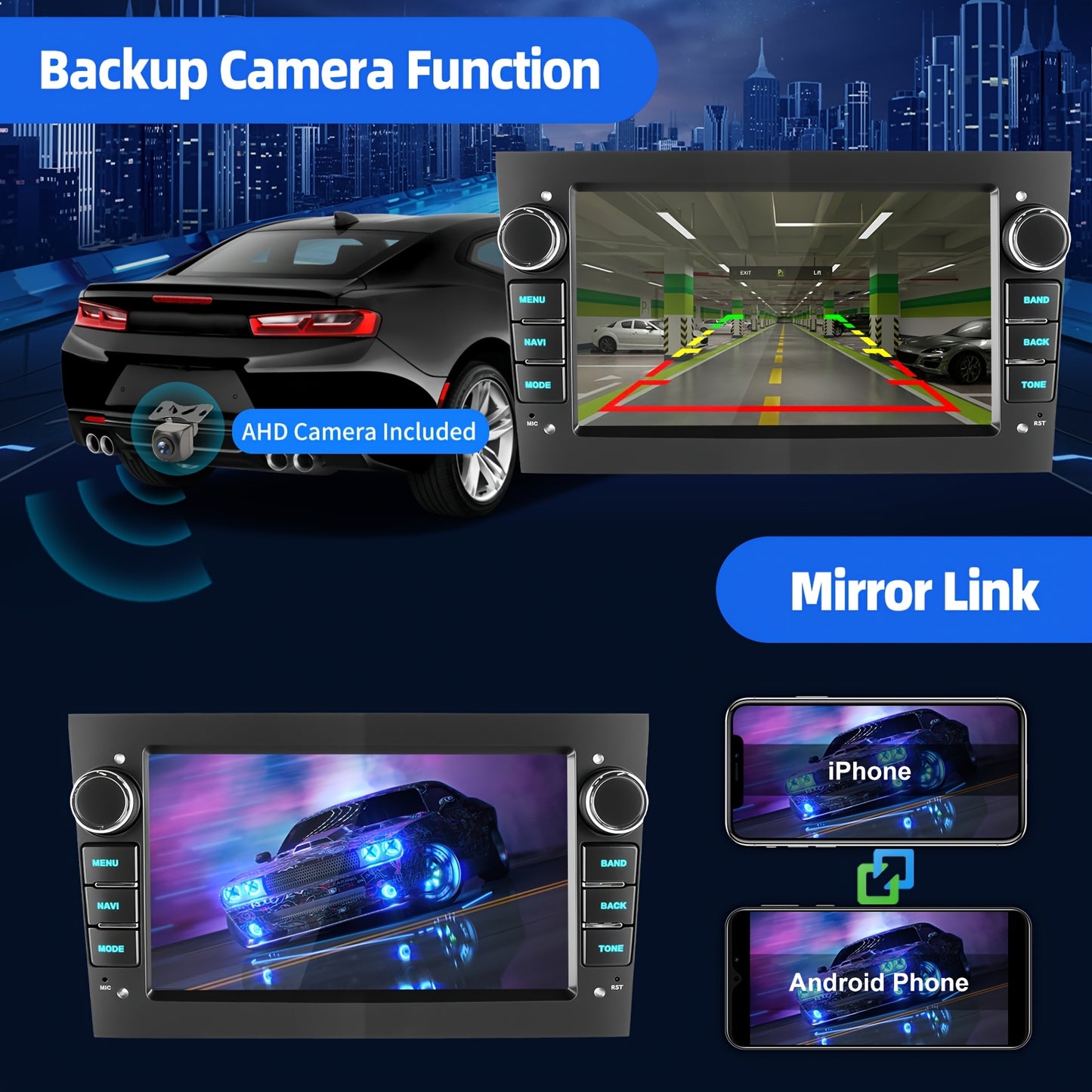 Autoradio Opel Astra H/G Corsa C/D Zafira B Vectra – 2 DIN 7 Inch Android 15 Touchscreen – Draadloos CarPlay & Android Auto – AHD Achteruitrijcamera & Stuurwielbediening