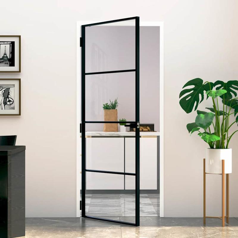 Binnendeur – Zwarte Deur – Interne Deur – Glazen Deur – Aluminium Deur – Temper Veilig Glas – Slank Design 83x201,5 cm
