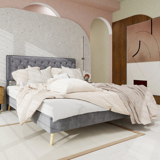 Boxspringbed – Boxspring – Tweepersoonsbed – Slaapkamerbed – Bedframe – Zacht Hoofdbord – Stof & Metaal – 160x200 cm – Ruimtebesparend Design – Stevig Frame