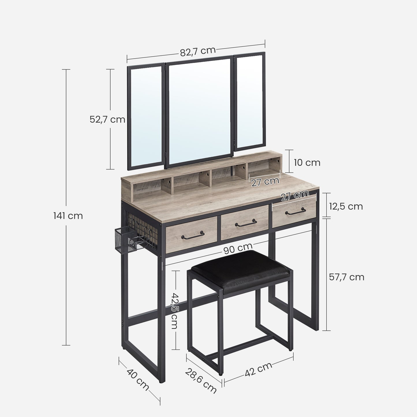 Kaptafel – Make-up Tafel – Opmaaktafel – Cosmetica Tafel – Schoonheidstafel – Industriële Stijl – Drie Lades & Driedelige Spiegel