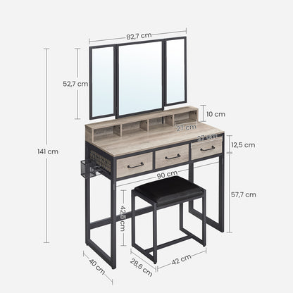 Kaptafel – Make-up Tafel – Opmaaktafel – Cosmetica Tafel – Schoonheidstafel – Industriële Stijl – Drie Lades & Driedelige Spiegel
