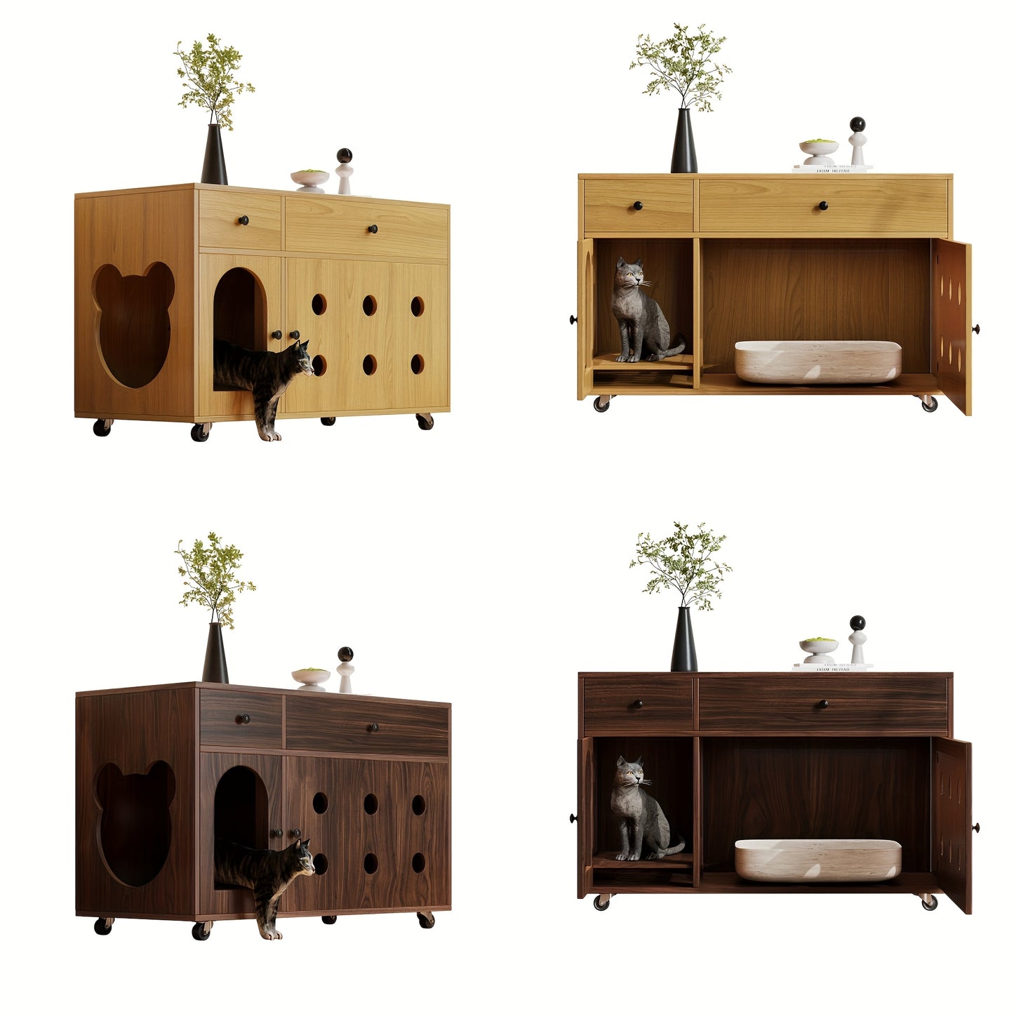 Bijzettafel Kat – Kattentafel – Dierenmeubel – Opbergmeubel – Rattan Tafeltje Bruin – Uitneembare Kattenbaklade – Compact Voor Kleine Ruimtes