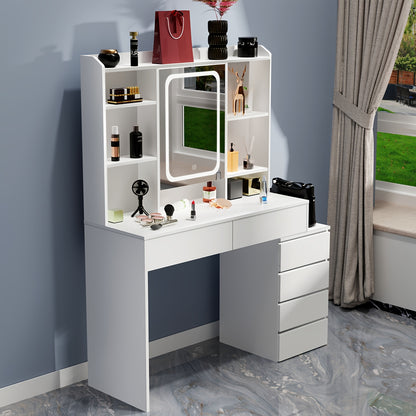 Vanity Desk – Make-up Tafel – Kaptafel – Schminktisch – Dressing Table – Verlichte Spiegel Met 3 Lichtstanden – 6 Laden Met 3 Opbergshelves – Wit – Gehard Glas