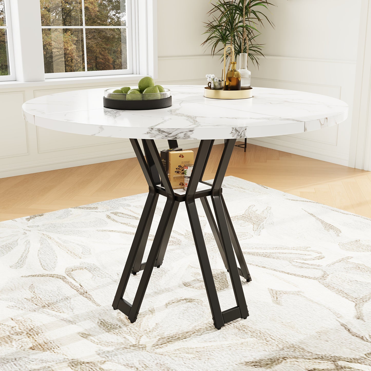 Round Dining Table | 100 x 100 x 76 cm, Lightweight yet Luxurious, Accommodates 4-6 People, Ideal for Studying, Dining, or Working in Dining Room or Living Room, White, Metal Frame, Space-Saving Design