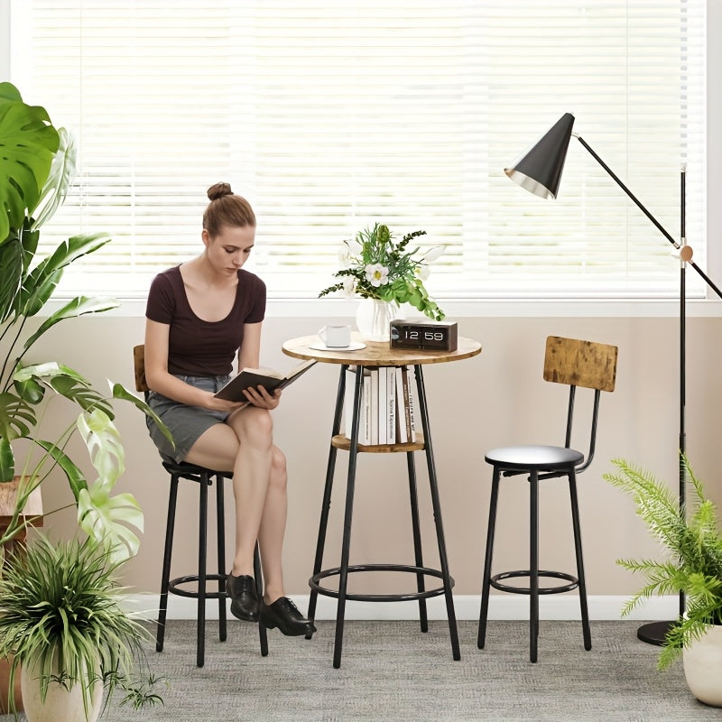 Barset – Barkrukken – Barstoelen – Barkruk Set – Bartafel Set – Bruin – Kunstleer Zitting – Stabiel Metalen Frame
