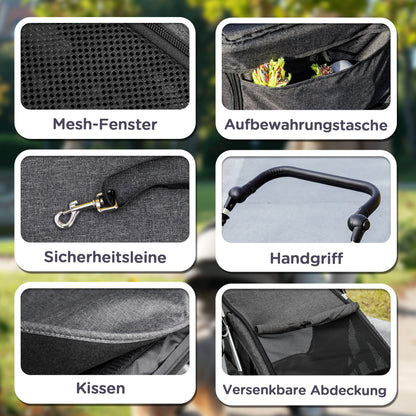 Hondenwagen – Hondenbuggy – Dierenwagen – Hondentransportwagen – Lichtgewicht – Opvouwbaar – Wasbaar Kussen – Ventilerende Gaasramen – Grijs