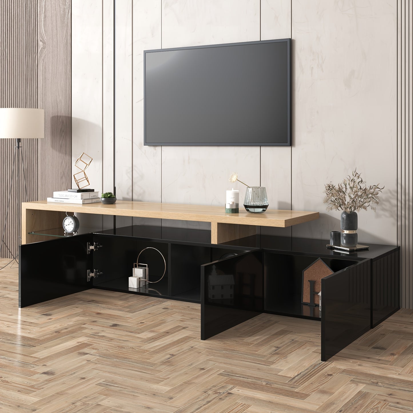 TV-meubel – TV-kast – Entertainmentmeubel – Woonkamermeubel – TV-standaard – Hoogglans zwart – MDF houtlook – Glazen legplanken – Ruime opbergruimte – Eenvoudig te monteren