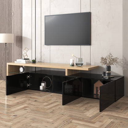 TV-meubel – TV-kast – Entertainmentmeubel – Woonkamermeubel – TV-standaard – Hoogglans zwart – MDF houtlook – Glazen legplanken – Ruime opbergruimte – Eenvoudig te monteren