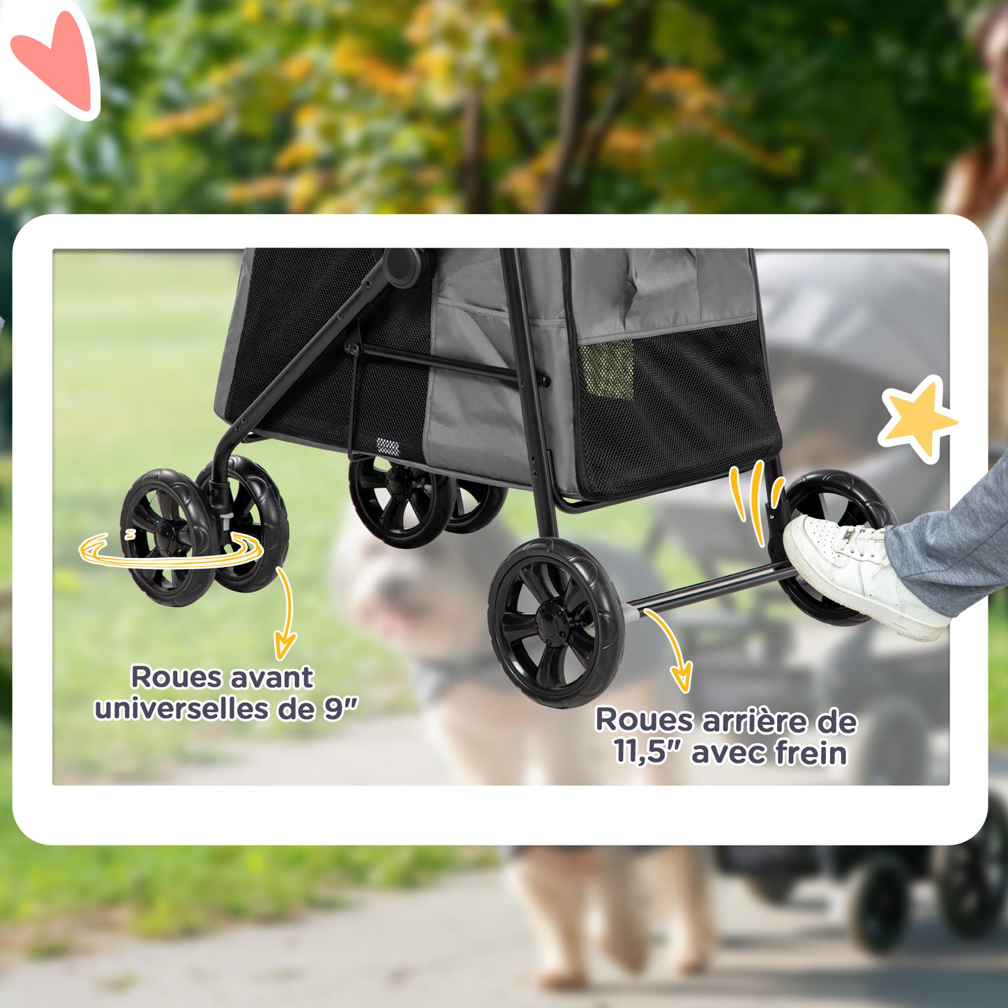 Dierenbuggy – Huisdierenwagen – Hondenwagen – Kattenbuggy – Dierenkar – Inklapbaar Ontwerp – Ventilerende Raampjes – Stalen Frame – Remwielen – Grijs