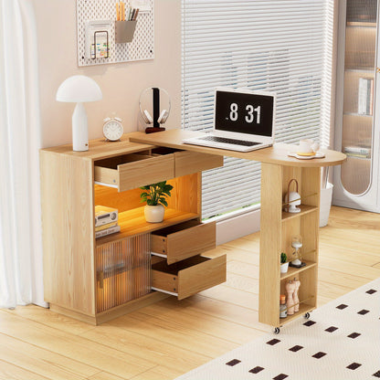 Bureau – Hoekbureau – Computertafel – Werktafel – Bureautafel – L-Vormig – Natuurlijke Houtkleur – Hardhouten MDF Constructie – Draaibaar Werkoppervlak – Opbergrekken