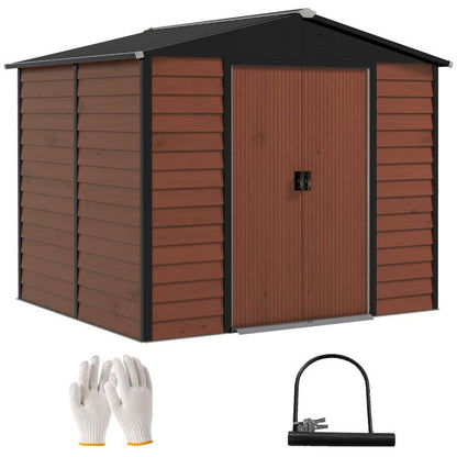 Metal Storage Shed, Weatherproof & Rust-Resistant, Lockable, 2.40 X 2.06 X 1.98 M, Teak, Temporary, Removable. Sturdy And Durable Outdoor Storage Space, Garden House, Tool Room, Yard Storage.