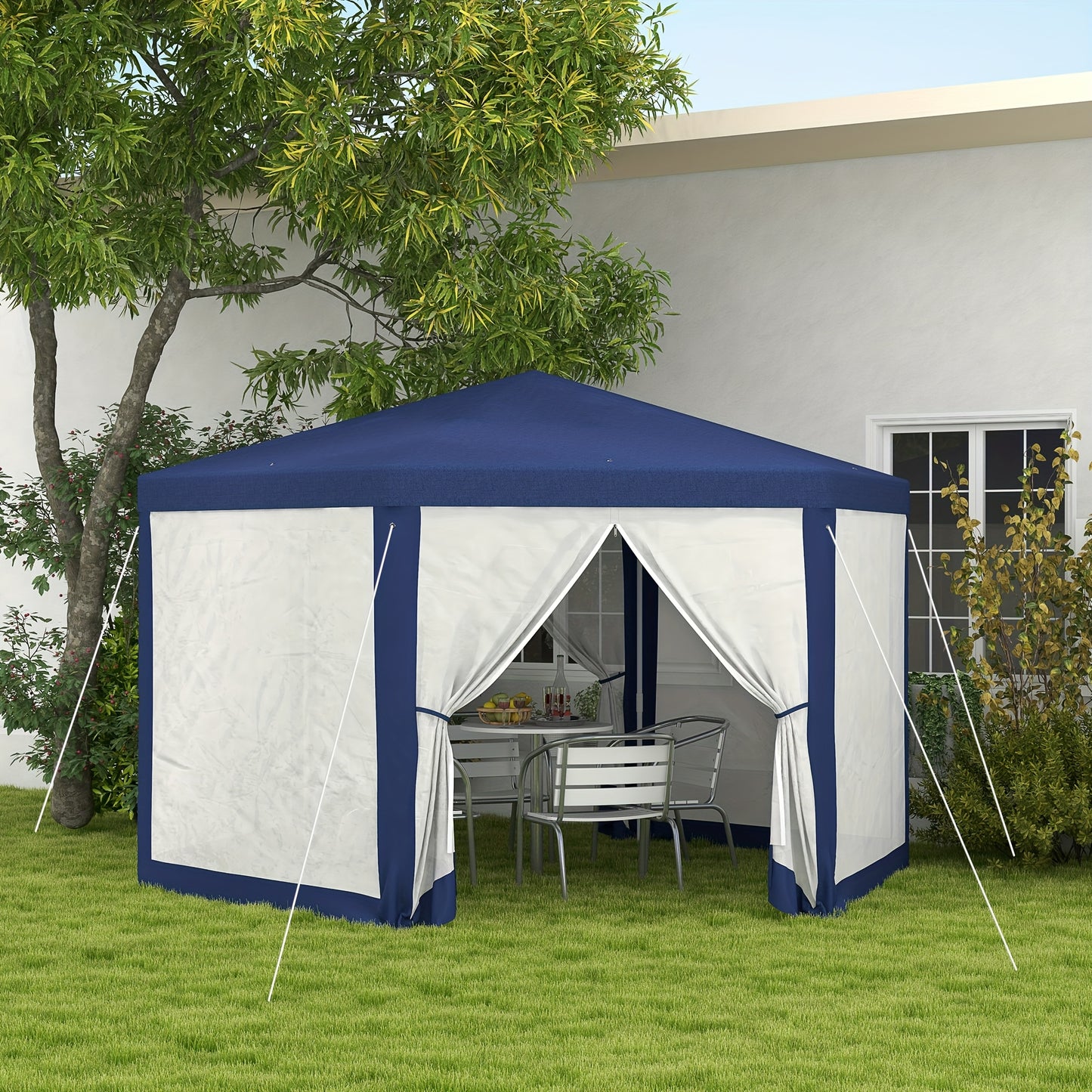 Partytent – Tuinpaviljoen – Feesttent – Camping Tent – Outdoor Gazebo – 4x3m – Hexagonaal – Waterafstotend – Muskietennet – Trekkoordsluiting – Blauw