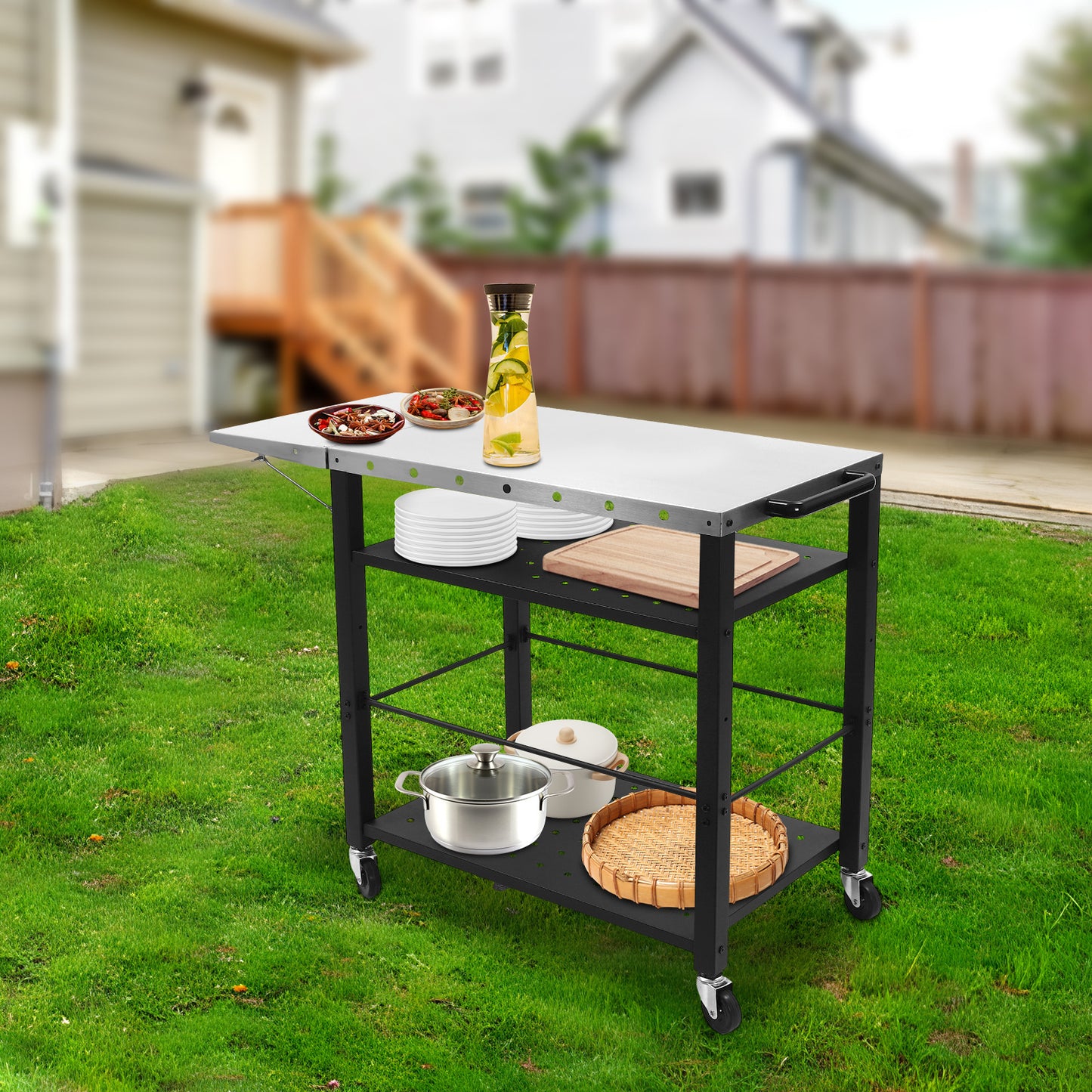 BBQ Trolley – Barbecuewagen – Grillwagen – Buitenkeuken – Campingwagen – 4 Tiers Opbergruimte – RVS Met Universele Wielen Zwart
